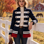 Vintage Military Navy Wool Blend Faux Fur Trim Brass Button Striped Band Jacket