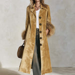 Urban Retro Boho Camel Velvet Faux Fur Cuff Button Front Maxi Coat