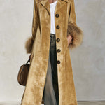 Urban Retro Boho Camel Velvet Faux Fur Cuff Button Front Maxi Coat