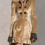 Urban Retro Gold Velvet Faux Fur Collar Ruffle Hem Long Sleeve Mini Dress
