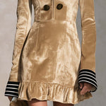 Urban Retro Gold Velvet Faux Fur Collar Ruffle Hem Long Sleeve Mini Dress