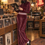 Casual Retro Burgundy Velvet Striped Button-Down Top And Wide-Leg Pants Set