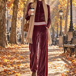 Casual Retro Burgundy Velvet Striped Button-Down Top And Wide-Leg Pants Set