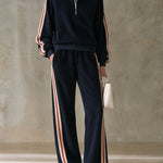 Sporty Retro Color-blocked Navy Blue Fleece Blend Top And Pants Set