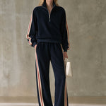 Sporty Retro Color-blocked Navy Blue Fleece Blend Top And Pants Set