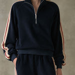 Sporty Retro Color-blocked Navy Blue Fleece Blend Top And Pants Set