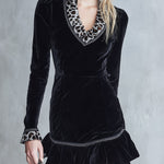 Elegant Faux-Fur Leopard Print Collar Black Velvet Ruffled Mini Dress