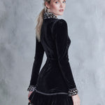 Elegant Faux-Fur Leopard Print Collar Black Velvet Ruffled Mini Dress