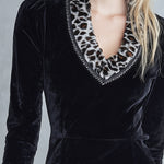 Elegant Faux-Fur Leopard Print Collar Black Velvet Ruffled Mini Dress