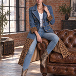 Retro Denim Patchwork Leopard Print Faux Suede Coat
