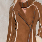 Urban Retro Camel Faux Suede Shearling Trim Asymmetric Zip Buckle Collar Fitted Coat