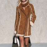 Urban Retro Camel Faux Suede Shearling Trim Asymmetric Zip Buckle Collar Fitted Coat
