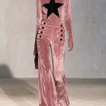 Retro Pink Star Turtleneck Sailor Button Flare Pants Velvet Two-Piece Set