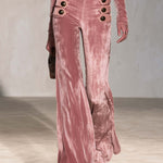 Retro Pink Star Turtleneck Sailor Button Flare Pants Velvet Two-Piece Set