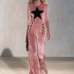 Retro Pink Star Turtleneck Sailor Button Flare Pants Velvet Two-Piece Set