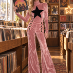 Retro Pink Star Turtleneck Sailor Button Flare Pants Velvet Two-Piece Set