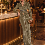 Retro Sporty Olive Star Velvet Peplum Jacket Side Stripe Flare Pants Set
