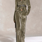 Retro Sporty Olive Star Velvet Peplum Jacket Side Stripe Flare Pants Set