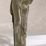 Retro Sporty Olive Star Velvet Peplum Jacket Side Stripe Flare Pants Set