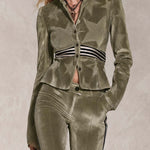 Retro Sporty Olive Star Velvet Peplum Jacket Side Stripe Flare Pants Set