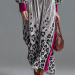 Retro Chic Color-blocked Trim And Leopard Print Silver Henley Collar Velvet Maxi Dress