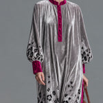 Retro Chic Color-blocked Trim And Leopard Print Silver Henley Collar Velvet Maxi Dress