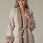 Gentle Retro Faux Fur Trim Light Khaki Knit Cardigan
