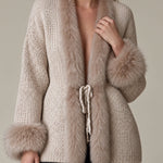 Gentle Retro Faux Fur Trim Light Khaki Knit Cardigan