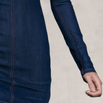 Simple Red And Dark Blue Denim Turtleneck Long-sleeved Mini Dress
