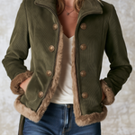 Retro Olive Corduroy Patchwork Faux Fur Coat For Women