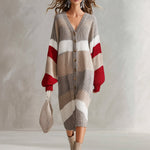 Urban-silhouette Colorblock V-neck Button-down Knit Midi Dress