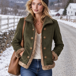 Retro Olive Corduroy Patchwork Faux Fur Coat For Women