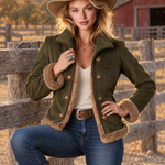 Retro Olive Corduroy Patchwork Faux Fur Coat For Women