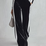 Women's Black White Colorblock Mock Neck Long Sleeve Top and Velvet Wide Leg Pants Two-Piece Sets