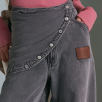 Modern Chic Asymmetric Snap Button Wrap Front Gray Wash Wide Leg Jeans