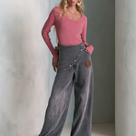 Modern Chic Asymmetric Snap Button Wrap Front Gray Wash Wide Leg Jeans