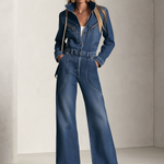 Retro Western Zip Pocket Collared Long Sleeve Wide Leg Denim Jumpsuit