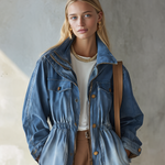 Vintage Utility Faded Wash Cinched Waist Zip Up Peplum Denim Jacket