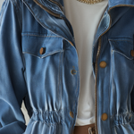 Vintage Utility Faded Wash Cinched Waist Zip Up Peplum Denim Jacket