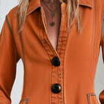 Retro Boho Burnt Orange Frayed Hem Button Front Denim Mini Dress