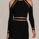 Elegant And Sophisticated Black High-neck Off-shoulder Long-sleeved Midi Dress