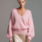 Elegant Pink V-neck Loose Pullover Sweater