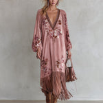 Vintage-style Fringed-hem Pink Floral-print Faux-suede Maxi Dress