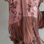 Vintage-style Fringed-hem Pink Floral-print Faux-suede Maxi Dress