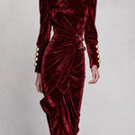 Vintage-elegant Burgundy High-neck Pleated Velvet Midi Dress