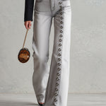 Stylish Metal Eyelets Light Gray Wide-Leg Jeans