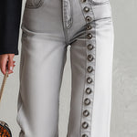 Stylish Metal Eyelets Light Gray Wide-Leg Jeans