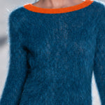 Retro-chic Color-blocked Trim Blue Tassel Bell Sleeve Knit Mini Dress
