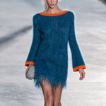 Retro-chic Color-blocked Trim Blue Tassel Bell Sleeve Knit Mini Dress