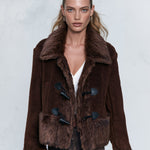 Premium Faux-Shearling Trimmed Brown Fleece Duffle Coat
